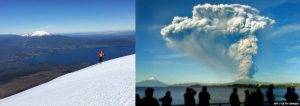 Left: my photo of Chalbuco from Osorno. Right: A APF/Getty image of Chalbuco erupting, with Osorno visible on the left.