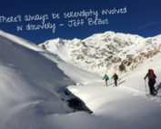 Photo of ski tourers approaching Font Blanca, with the quote: There'll always be serendipity involved in discovery - Jeff Bezos.